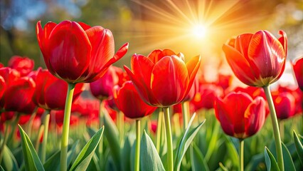 Red tulips glowing in the sun, red, tulips, flowers, vibrant, sunlight, nature, spring, garden, blooming, colorful, bright