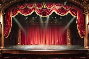 Empty stage with red curtain and classic backdrop under spotlight