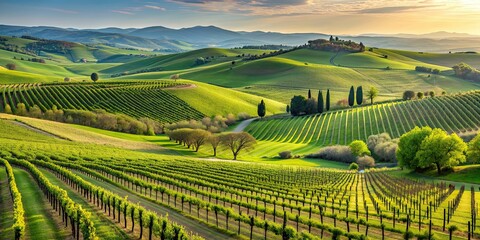 Naklejka premium Vineyard with lush green vines on rolling hills in Val d'Orcia during spring season, Tuscany, landscape, agriculture, winemaking