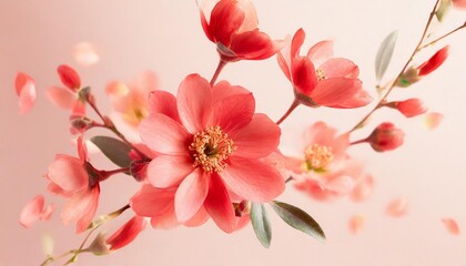 Obraz premium Red spring flowers flying on a transparent background. Beautiful pastel pink flower arrangement. Summer aesthetic concept.