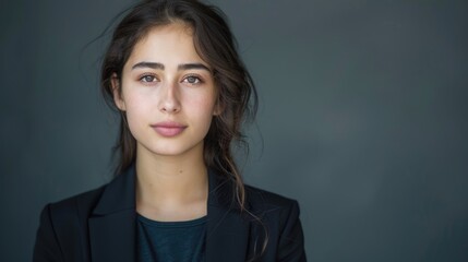 An engaging portrait of a young female presenter with a solid background, emphasizing her articulate expression and captivating presence