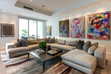 Living room with a sectional sofa, contemporary art, and a coffee table