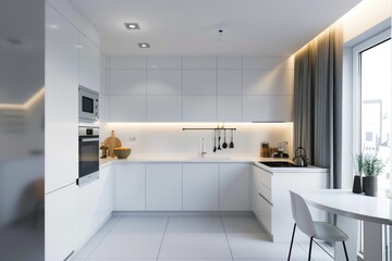 Minimalist white kitchen with cozy lighting and stylish design