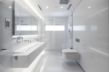 Minimalist white bathroom with a sleek shower and modern amenities