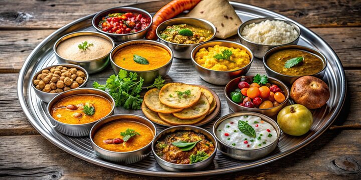 Colorful assortment of Gujarati dishes served on a traditional thali plate, Gujarati, cuisine, authentic, Indian, food