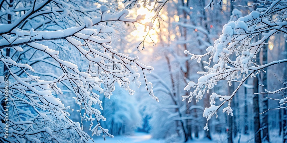 Sticker Snow-covered tree branches in a winter forest , winter, snow, tree, branches, forest, cold, season, nature, ice, frost