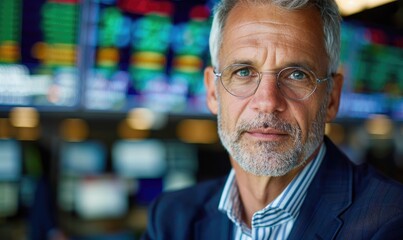 Fototapeta premium Professional Middle-Aged Businessman in Suit with Stock Market Screens Background