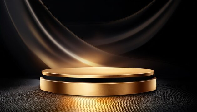 Gold black podium background 3D golden product line stage dark platform wave display. Design podium black luxury gold light scene pedestal presentation showcase event beauty shine object cosmetic sale