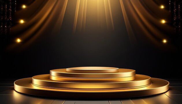 Gold black podium background 3D golden product line stage dark platform wave display. Design podium black luxury gold light scene pedestal presentation showcase event beauty shine object cosmetic sale