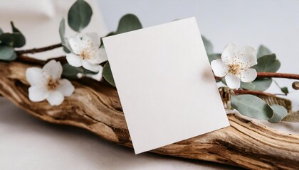 Blank paper card, invitation mockup on wooden branch. Minimal, elegant style