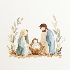Watercolor Nativity Scene with Mary, Joseph, and Baby Jesus in a Manger
