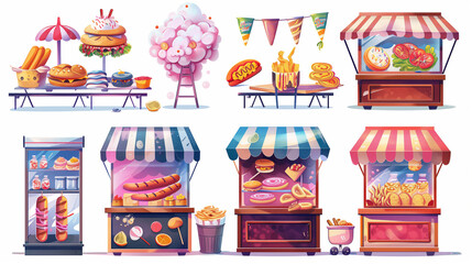 Street food market shops and stalls with hot dog, fresh fish and seafood, sweet cotton candy. Cartoon vector illustration set of outdoor and city park stand booth and kiosk or local marketplace.