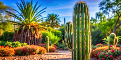 Cactus plant standing tall in a vibrant garden setting, succulent, prickly, desert, flora, greenery, arid, succulent, spiky