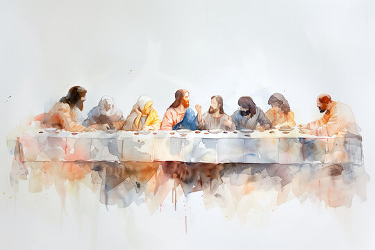 Watercolor Interpretation of The Last Supper with Ethereal Color Washes
