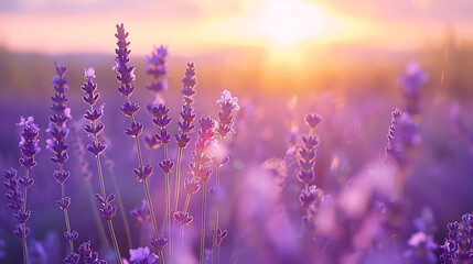 Wide field of lavender in summer sunset