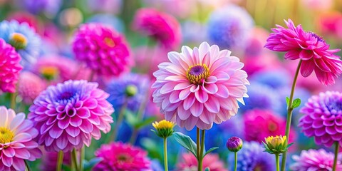 Obraz premium Colorful of beautiful pink and blue daisy or dahlia flowers, pink, blue, daisy, dahlia, flowers,artistic, colorful, vibrant