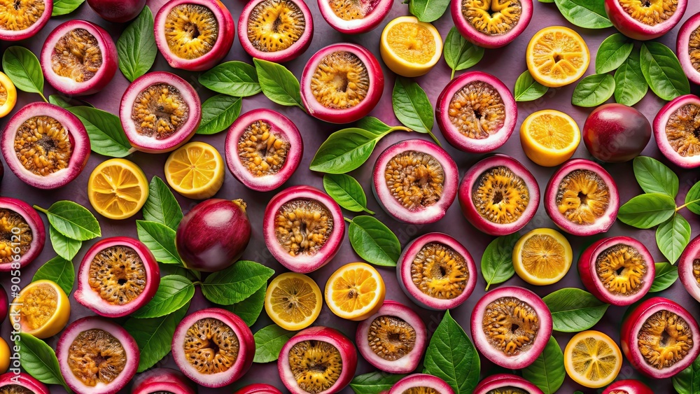 Poster Passion fruit pattern with vibrant colors and exotic texture, passion fruit, tropical, exotic, vibrant, pattern, fruit