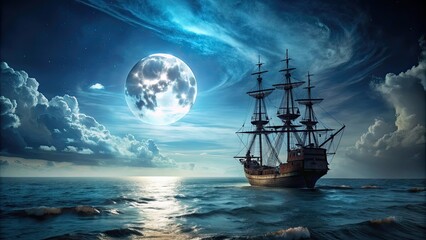 Fototapeta premium Mysterious pirate ship sails across a moonlit ocean at night, pirate, ship, moonlit, ocean, voyage, mysterious, night, adventure