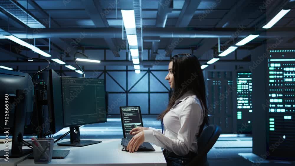 Poster engineer in data center sitting down at desk, installing software on computer, troubleshooting issue