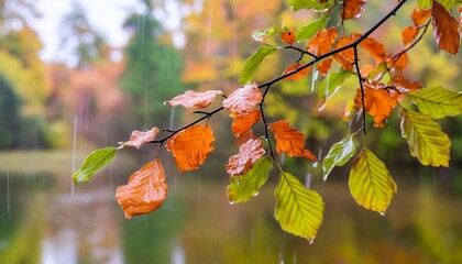Beautiful colorful original background images of autumn rainy nature with withering leaves for creative work, design, wallpaper