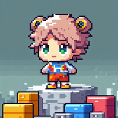 Fototapeta premium illustration of a game cartoon girl on a building