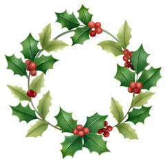 A wreath of holly berries and leaves on a transparent background, the wreath is decorated with red berries and green leaves, for use on a Christmas theme