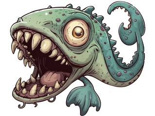 Obraz premium of a fierce cartoon style mermonster with a monstrous appearance sharp teeth and an aggressive expression depicted in a vintage comic book style against a plain white background