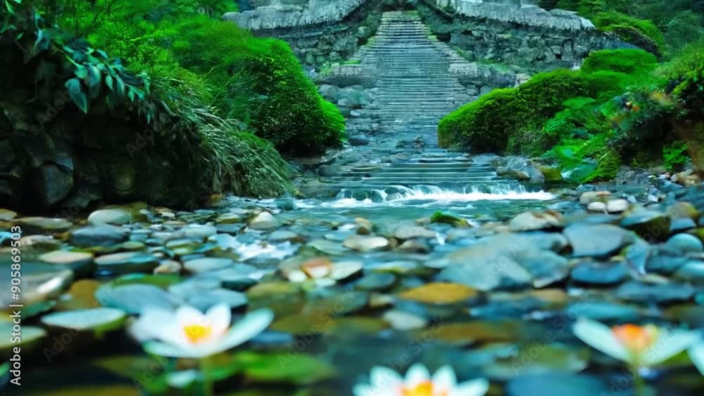 Poster a calm stream flows gently over smooth stones, surrounded by vibrant white water lilies, creating a 