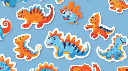 Cute cartoon dinosaur stickers on a blue background.