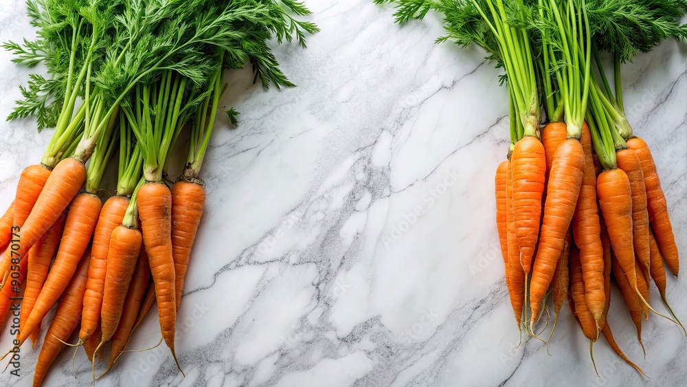 Canvas Prints Fresh organic carrots with greens still attached, arranged on a white marble surface , carrots, organic, fresh, tails