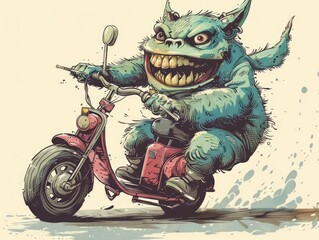 Unusual green monster creature riding a vintage scooter in a colorful whimsical cartoon comic style Bizarre eccentric and fantastical transportation design with a quirky fanciful character