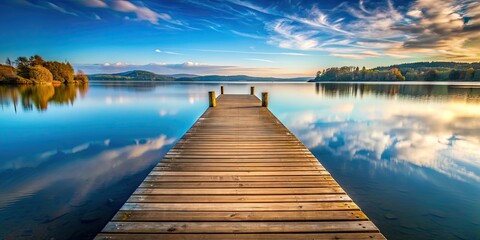 Obraz premium Wooden pier extending into calm lake, wooden, pier, lake, water, serene, peaceful, summer, relaxation, tranquil