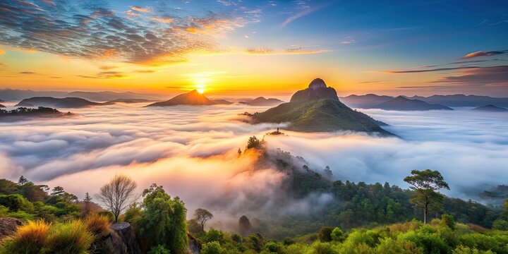 Beautiful misty sunrise at Gunung Silipat peaks in Yala province, south Thailand, mountains, mist, sunrise