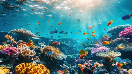 Naklejka premium Vibrant Coral Reef Underwater with Sun Rays.
