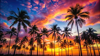 Obraz premium Tropical landscape with palm trees silhouetted against a vibrant sunset sky, palm trees, sunset, landscape, tropical, colorful