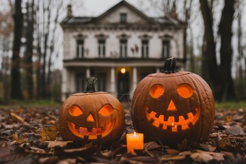 Obraz premium Halloween night in an autumn setting, a creepy old house decorated with carved pumpkins, flickering candles, and cobwebs, surrounded by fallen leaves and bare trees