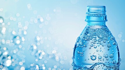 Close-up of a water bottle with bubbles on a blue background.