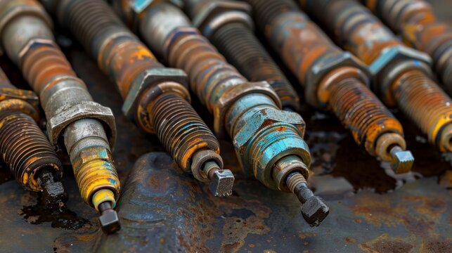 A series of spark plugs in different stages of wear and tear showing the effects of regular use. Some have darkened tips while others have chipped or broken electrodes. Each one tells