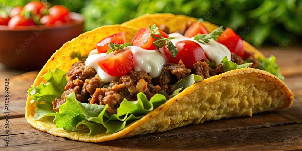 Poster Delicious beef taco with fresh lettuce, diced tomatoes, shredded cheese, and sour cream in a crispy shell, beef, taco