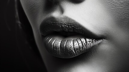 Close-up black and white photo of a woman's lips with metallic lipstick.