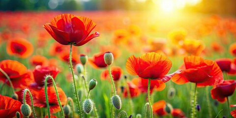 Obraz premium Vibrant red poppy flowers blooming in a lush meadow , nature, field, petals, vibrant, red, poppy, flowers, blooming, meadow