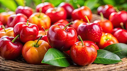 Juicy and Fresh Acerola Delight isolated on Background, Acerola, vitamin C, tropical fruit, healthy, antioxidant, red, cherry