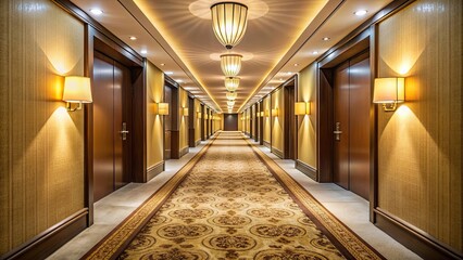 Long corridor in a hotel with elegant lighting and modern decor, luxurious, interior, hallway, spacious, contemporary