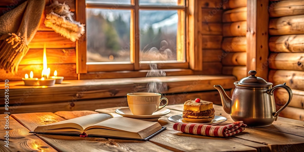 Sticker Cozy warm cabin interior with teapot, cups, cake, and open book on table , cabin, cozy, warm, teapot, cups, cake, open book