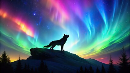 Silhouette of majestic wolf against colorful backdrop of northern lights in the night sky, wildlife, nature