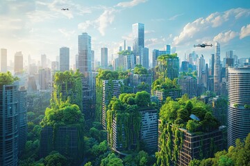 Fototapeta premium A futuristic city with a lot of green spaces and buildings