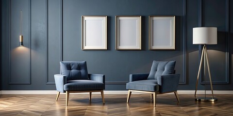 Two square frames on a navy wall with a gray velvet armchair and modern floor lamp in a living room interior, navy