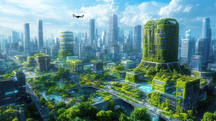 Obraz premium Futuristic green cityscape with towering buildings covered in vegetation, showcasing sustainable urban architecture and advanced technology.