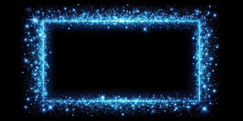 Blue square frame surrounded by sparkles and stars on black background, blue, square, frame, sparkles, stars, black