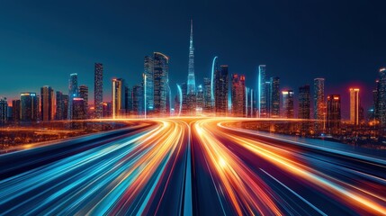 Fototapeta premium Modern cityscape at night with light trails on a highway, showcasing vibrant urban life and fast-paced energy in a dynamic environment.